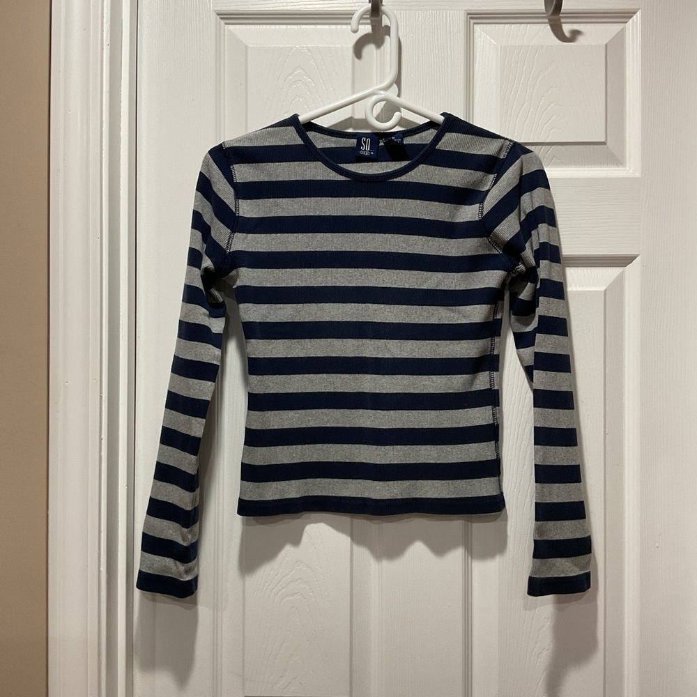 Striped navy blue & gray long sleeve sweater top